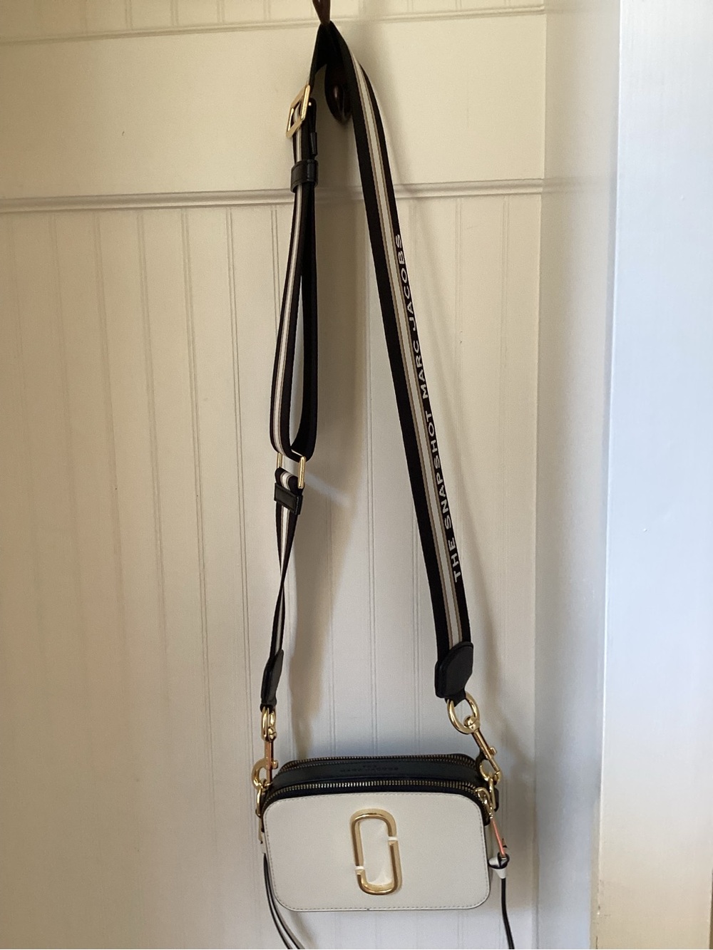 Marc Jacobs White and Black Crossbody Camera Bag with Gold Hardware